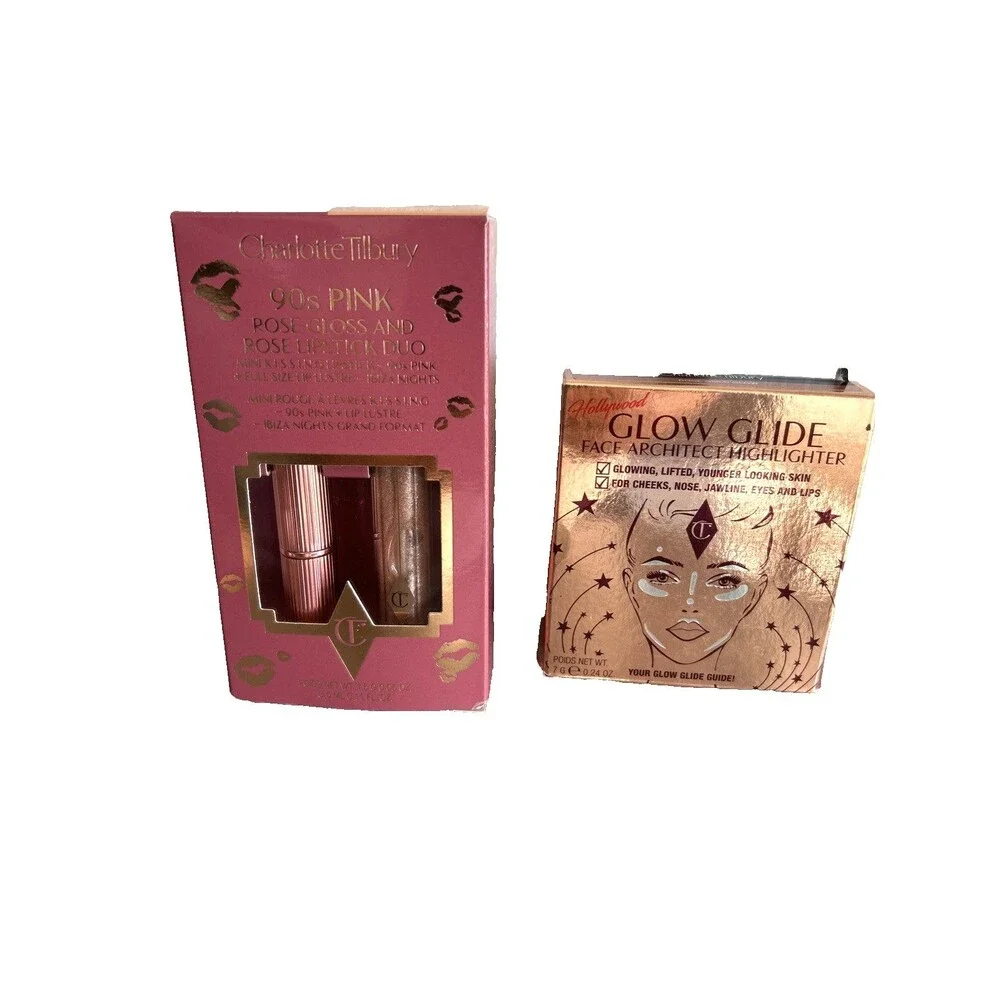 Charlotte Tilbury LOT of 2 Rose Gold Glow Highlighter, 90s Pink Lipstick & Gloss